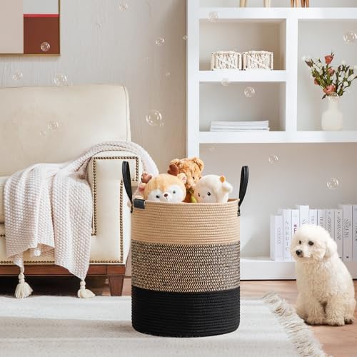VIPOSCO 53L Tall Woven Rope Laundry Hamper, Leather Handles, Brown & Black - Image 2