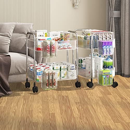 2-Tier Utility Rolling Cart Storage Organizer Sofa Side Table with Wheels, Under Desk Mobile Trolley Organizer with Handle and 2 Hanging Baskets for Office Home Kitchen Organization, Transparent - Image 3