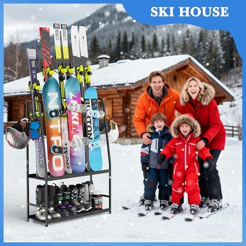 Ski Rack for Garage,Freestanding Snowboard Rack for Ski,Snowboard, Ski Boot,Poles, Goggles, Helmet and More, Heavy Duty Steel Floor Stand Ski Organizer for Garage Basement - Image 7
