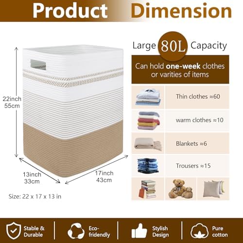 80L Large Cotton Rope Laundry Basket for Bedroom & Laundry Room, Tall Clothes Hamper with Sturdy Handles, Neutral Storage Bin Capable of Holding Blankets and Toys - Image 6