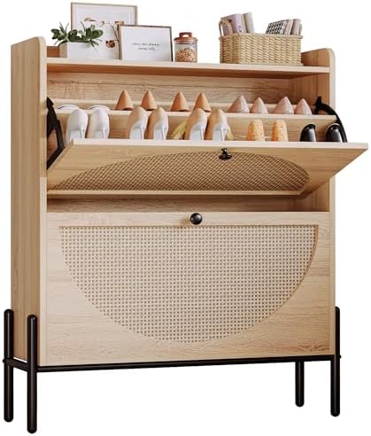 IRONCK Rattan Shoe Cabinet Storage with 2 Flip Drawers, Oak by IRONCK