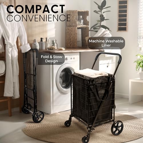 SereneLife Large Folding Utility Shopping Cart with Removable Liner – Heavy Duty, 360° Swivel Wheels, 110 lb Capacity, Portable for Groceries, Laundry, Luggage, and More (Black) - Image 6