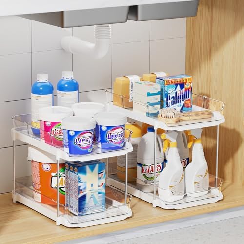 Delamu 4 Pack 2-Tier Bathroom Under Sink Organizers and Storage, Multi-Purpose Stackable Pantry Organization and Storage, Pull Out Clear Kitchen Bathroom Cabinet Organizer with Movable Dividers, White - Image 6