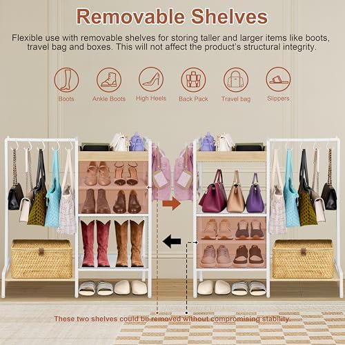 2-in-1 Shoe Rack for Closet with Purse Organizer, 5 Tier Shoes Shelf with Wooden Tray and Removable Shelves, Storage Organizer for Entryway, Garage, Hold Boots, Backpacks, White - Image 5
