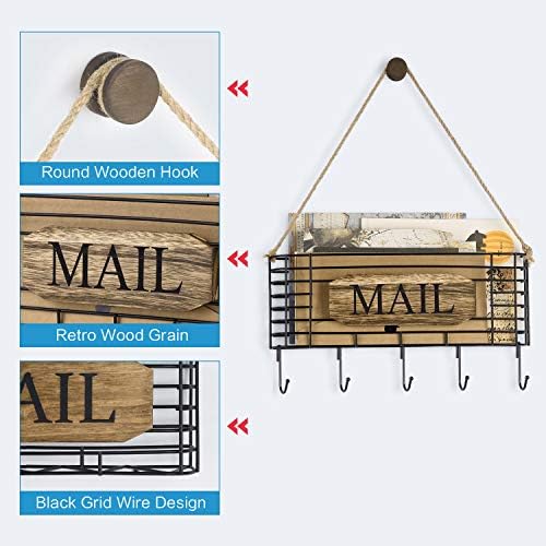 SRIWATANA Mail Organizer Wall Mount, 5 Key Hooks, Large, Carbonized Black - Image 6