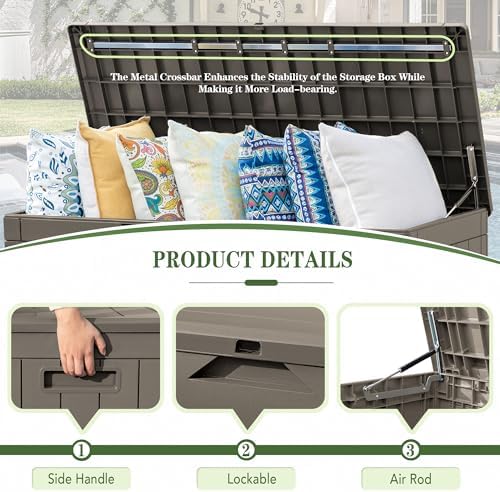 Greesum 100 Gallon Resin Deck Box Large Outdoor Storage, Imitation Rattan Weave Texture for Patio Furniture, Garden Tools, Pool Supplies, Weatherproof and UV Resistant, Lockable, Light Coffee - Image 6