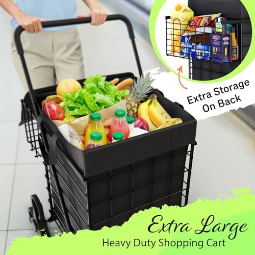 Our Modern Space Shopping Cart w/Waterproof Basket Liner & Large 360° Swivel Wheels | Foldable Collapsible & Lightweight | Perfect for Groceries Laundry Utility Cart - Black - Image 4
