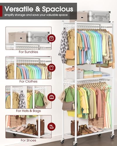 Sakugi Clothes Rack - 33.0" x 12.2" x 79.5" Clothing Rack with Shelves & Wheels, Multi-Functional Wardrobe Closet with Hooks, Sturdy Metal Garment Rack for Bedroom, Laundry, Balcony (White) - Image 5