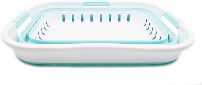 SAMMART 30L (8 Gallon) Collapsible 3 Handled Plastic Laundry Basket - Foldable Pop Up Storage Container/Organizer - Space Saving Hamper/Basket (White/Lake Green) - Image 3