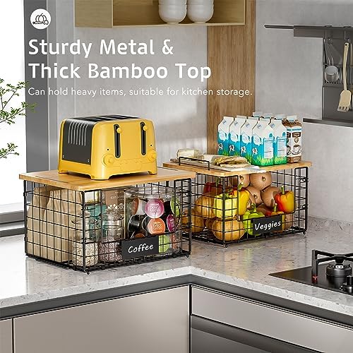 2 Pack Stackable Wire Baskets with Bamboo Top,Pantry Organizers Counter - Image 2