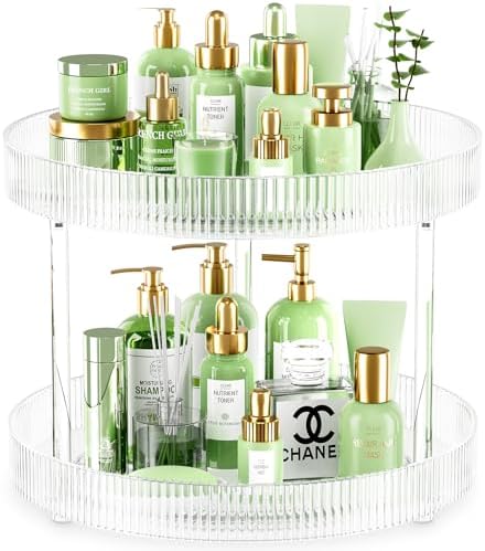 Acina 2-Tier Bathroom Countertop Organizer: 360° Clear Lazy Susan Rotating Storage Tray - Spinning Perfume Cosmetics Vanity Shelf for Bathroom Cabinet, Kitchen (Large) by Acina