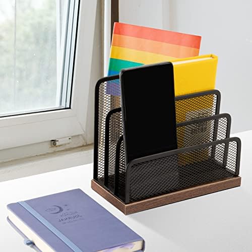 Wooden Desk Mail Organizer, Desktop File Organizer Metal Mesh with 3 Vertical Upright Compartments, Mail Sorter Letter Organizer Rack for Letters, Postcards, Brochures, Mail Holder (2 Pack Black) - Image 4
