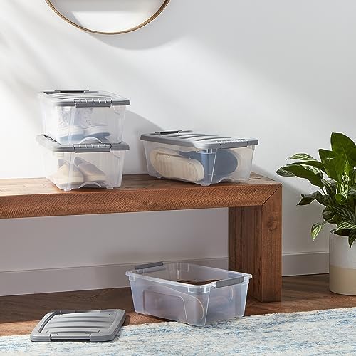 Amazon Basics Plastic Storage Containers with Secure Latching Lids, Stackable Organization Bins, Clear/Grey, 12 Quart, Set of 6 - Image 2