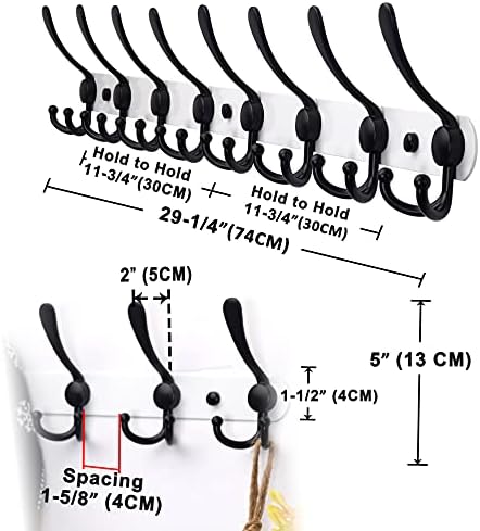 Dseap Coat Rack Wall Mount - 29.5” Long 8-Tri-Hooks Heavy Duty Coat Hanger Rail Wall Hooks for Hanging Coats Hats Clothing Clothes Purse Mudroom Entryway, White & Black, Pack of 2 - Image 6