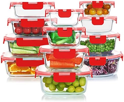 KOMUEE 24 Pieces Glass Food Storage Containers Set, Red by KOMUEEUS