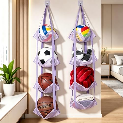 2 Pack Hanging Ball Storage Organizer, 4-Tier Mesh Holder for Basketballs, Soccer Balls and Toys, Space-Saving Ball Organizer for Kids Room, Garage & Home Ball Storage Solution (Purple) - Image 2