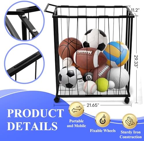 Large Garage Ball Storage Rack with Wheels for Basketball & Soccer - Image 2