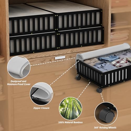 MHXW SXPN 2 Pack Bamboo Under Bed Storage Containers with Wheels, Black | Underbed Drawer Storage with Bag, Wood Rolling Underbed Organizer for Shoes, Sheets Clothes Blanket Comforter, Under Crib Toy - Image 2