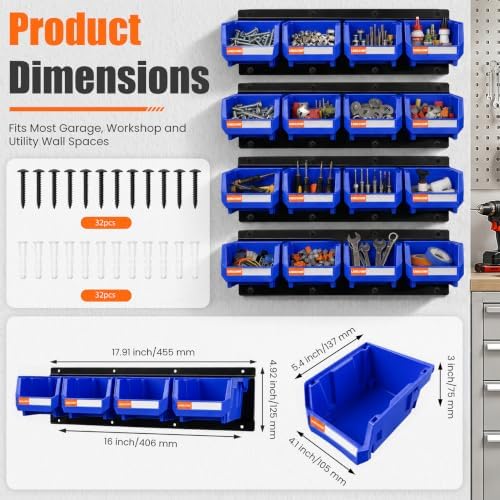 16pc Wall-Mounted Storage Organizer Set with Metal Rails Blue - Image 2