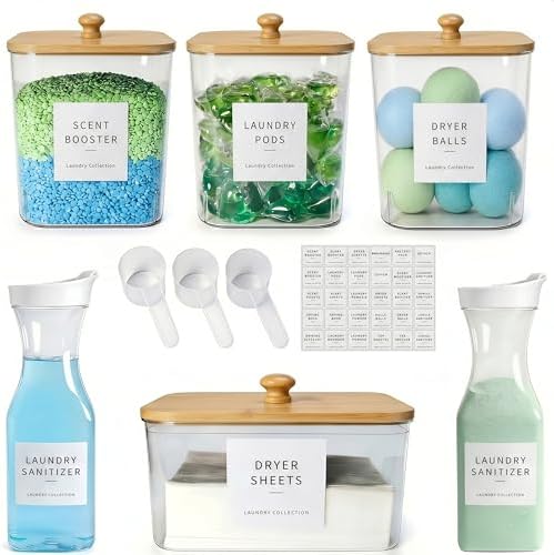 4+2 Pack Laundry Pods Containers & Dryer Sheet Holder & Laundry Detergent Dispenser, Laundry Room Organization and Storage Jars with Lids, Labels and Scoops for Scent Booster, Powder, Pods by Unknown