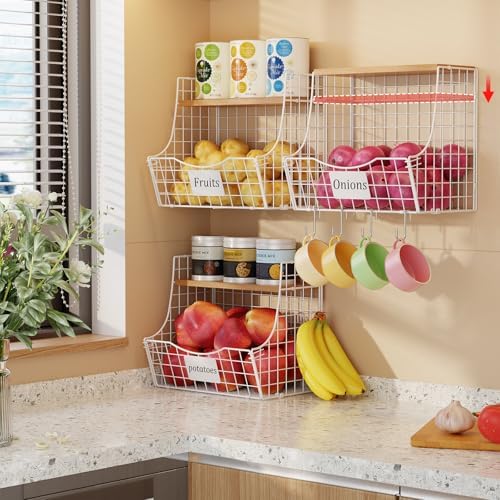 3 Pack Hanging Fruit Basket for Kitchen with Wood Lid - Onion and Potato Storage Fruit Bowl with Nameplate for Counter&Wall Mounted, Stackable Storage Basket,11.81 * 8.66 * 10.63inch - Image 2