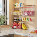3 Pack Hanging Fruit Basket for Kitchen with Wood Lid - Onion and Potato Storage Fruit Bowl with Nameplate for Counter&Wall Mounted, Stackable Storage Basket,11.81 * 8.66 * 10.63inch - Image 2