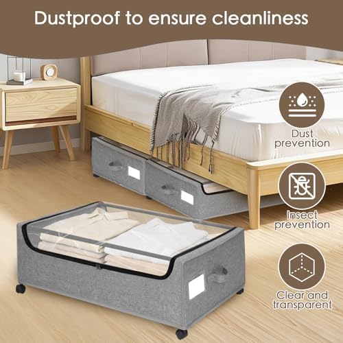 Under Bed Storage with Wheels, 2-Pack Under the Bed Storage Containers with Clear Lids & Label, Underbed Storage Bins, XXXL 85L 11 inches Rolling Metal Drawer for Clothes, Shoes, Toys, Books - Gray - Image 3