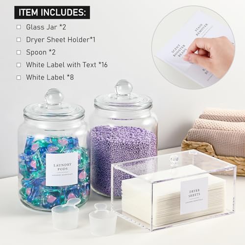Glass Jars and Dryer Sheet Holder, Dispenser Set with Lids and Labels, Containers for Laundry Room Organization and Storage, Half Gallon Airtight Glass jars, Acrylic Storage Box for Laundry supplies, - Image 2