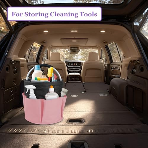 17L Cleaning Supply Caddy for Family, Portable Shower Caddy with Handle and 6 Pockets, Foldable Tool Bucket Organizer, Large Storage Basket for Camping, Gardening, Black with Pink - Image 4