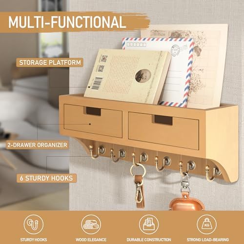 Rebee Vision Key Holder Wall Mount with Drawers for Room Decor, Light Brown - Image 3