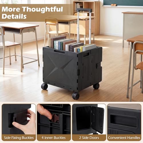 Goplus Foldable Utility Cart, Portable Rolling Crate Handcart with 4 Rotate Wheels, Telescoping Handle, Lid & Cup Holder for Travel, Shopping, Luggage, Grocery, Office & Teacher (Black) - Image 7