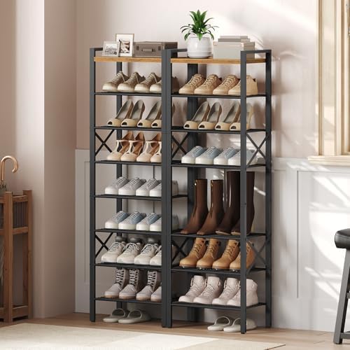 YATINEY 8-Tier Narrow Shoe Rack, Tall Shoe Rack for 8-16 Pairs, Slim Shoe Storage Organizer with Wooden Top, Space Saving, Metal Frame, for Entryway, Rustic Brown and Black SS608BR - Image 2