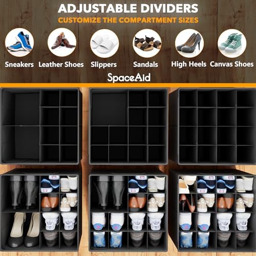 SpaceAid Shoe Organizer for Closet, 2 Pack Foldable Shoe Storage Containers Baskets Boxes Bins w/Adjustable Dividers, Fits 16-32 Pairs, Black - Image 3