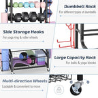 PLKOW Dumbbell Rack, Weight Rack for Dumbbells, Home Gym Storage for Dumbbells Kettlebells Yoga Mat and Balls, All in One Workout Storage with Wheels and Hooks, Powder Coated Finish Steel - Image 6