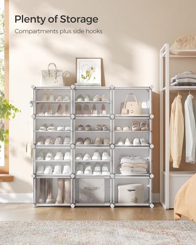 SONGMICS Shoe Rack, 12-Tier with Doors, 48-Pair Storage Cabinet | Shoe Organizer, Steel Frame, Plastic Panel, Bedroom, Entryway, Cloud White and Transparent, DAMION Collection ULPC040W01 - Image 4
