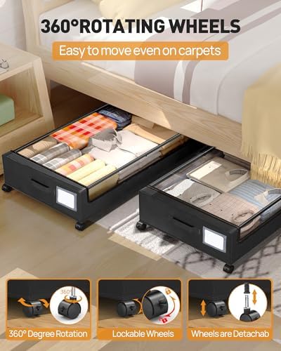 Under Bed Storage With Wheels, 2 Pack Square Containers, 60L Bins, Rolling Metal Drawer for Clothes, Blankets, Shoes - Image 2