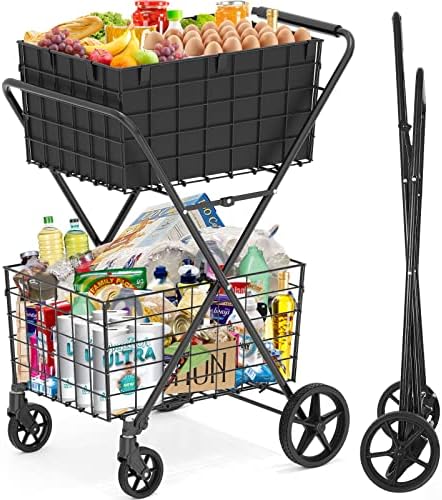  2-Tier Large Collapsible Grocery Cart On Wheels 400lbs Shopping Cart by RXUJYC