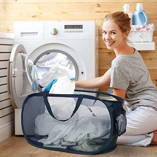 Durable Collapsible Laundry Baskets, Mesh Pop Up Laundry Hamper with Side Pocket, Foldable Clothes Storage Hamper with Reinforced Carry Handles for Laundry, Bathroom, Kids Room, Dorm or Travel Navy - Image 2