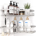 Sakugi Corner Shower Caddy - 2 Pack, Adhesive Shower Organizers, Rustproof Stainless Steel Shower Shelves with 8 Hooks, No Drilling Bathroom Organizers and Storage Racks, Space-Saving, Silver, Large by Sakugi