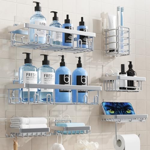 Shower Caddy 7 Pack, Adhesive Bathroom Shower Organizer for Bathroom Storage, No Drilling Large Capacity Rustproof Stainless Steel Shower Shelves Rack for Bath, Silver by Yorshvil