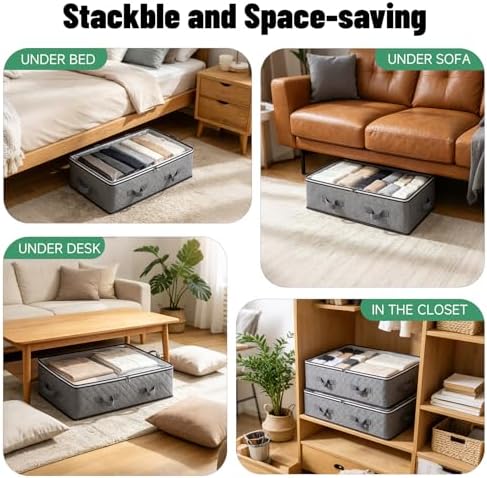 Pterying 8 Pack Under Bed Storage Containers with Transparent Clear Window | Underbed Storage Bins with Reinforced Handles, Dual-Zipper for Clothes, Comforters, Blankets and Bedding, Gray - Image 5