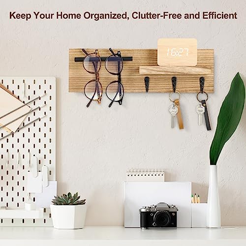 Key Holder for Wall, Decorative Entryway Shelf with Hooks Holds Keys, Dog Leash, Sunglasses – Key Hanger with 3 Hooks Organizes, Enhances Home Decor (15” x 4.5” x 2.6”) (Wood) - Image 5