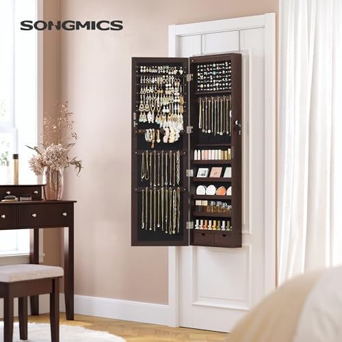 SONGMICS 6 LEDs Mirror Jewelry Cabinet, 47.2-Inch Tall, Lockable - Image 2