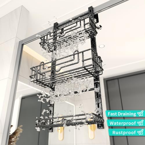 HapiRm 3 Tier Over the Door Shower Caddy, Hanging Shower Caddy with 16 Hooks and 2 Soap Holders, No Drilling Adjustable Hanging Bathroom Organizer - Black - Image 4