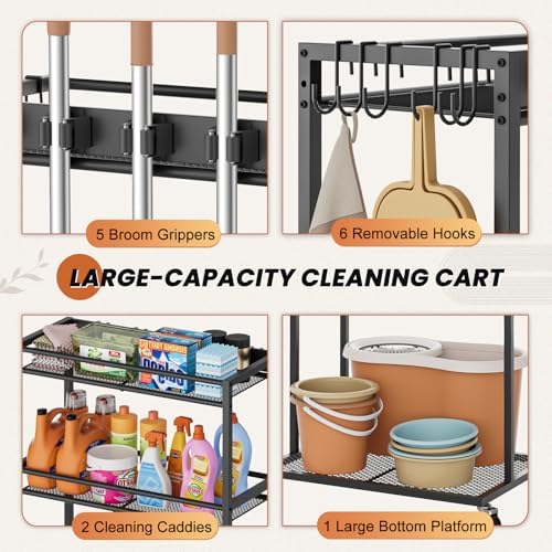 Broom Holder with Cleaning Supplies Organizer, Broom Closet Storage Cabinet with Mop Hanger Gripper Rack Hooks, Cleaning Housekeeping Janitorial Cart with Cleaning Caddy, Laundry Room Organization - Image 4
