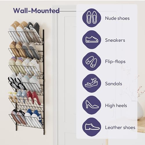 SWTYMIKI Over the Door Shoe Organizer - Adjustable 6 Tier Hanging Shoe Rack Organizer, Metal Heavy Duty Behind Door Storage or Wall Mount Shoes Shelf for Flats, Heels, Sneakers, Boots - Image 5