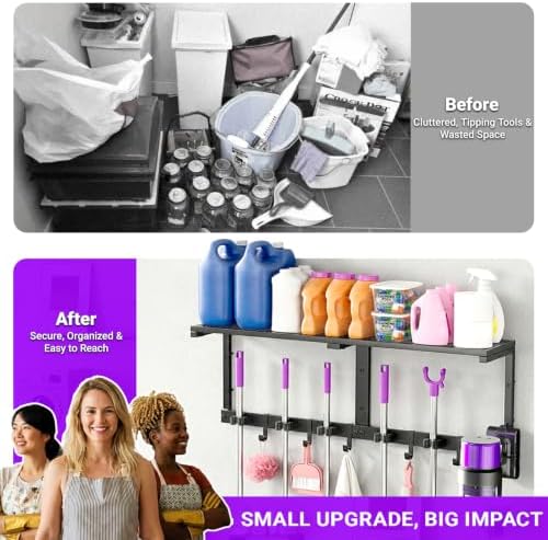 Heavy Duty Broom Holder Wall Mount, All-Metal Mop Rack with Storage Shelves - Image 5