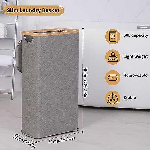 iEGrow 65L Slim Laundry Hamper, Narrow Laundry Basket with Lid,Foldable Clothes Hamper with Bamboo Handles,Hamper Basket with Removable Inner Bag for Laundry Room Bedroom College Dorm,17.17 Gals Grey - Image 2