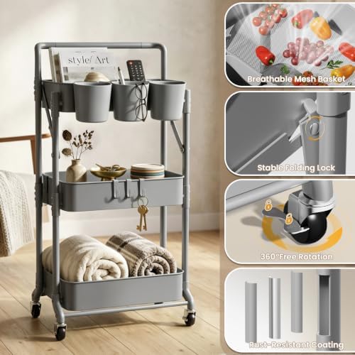 Foldable 3 Tier Rolling Cart, Metal Utility Cart with Wheels - Image 4