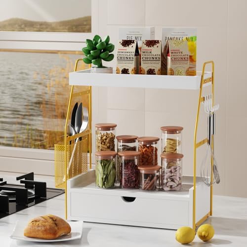 2 Tier Bathroom Counter Organizer with Drawer & Basket, Wooden Vanity Tray Countertop Shelf Accessories for Makeup Storage, Coffee Bar Station, Perfume Skincare, Kitchen, Bedroom (White) - Image 6
